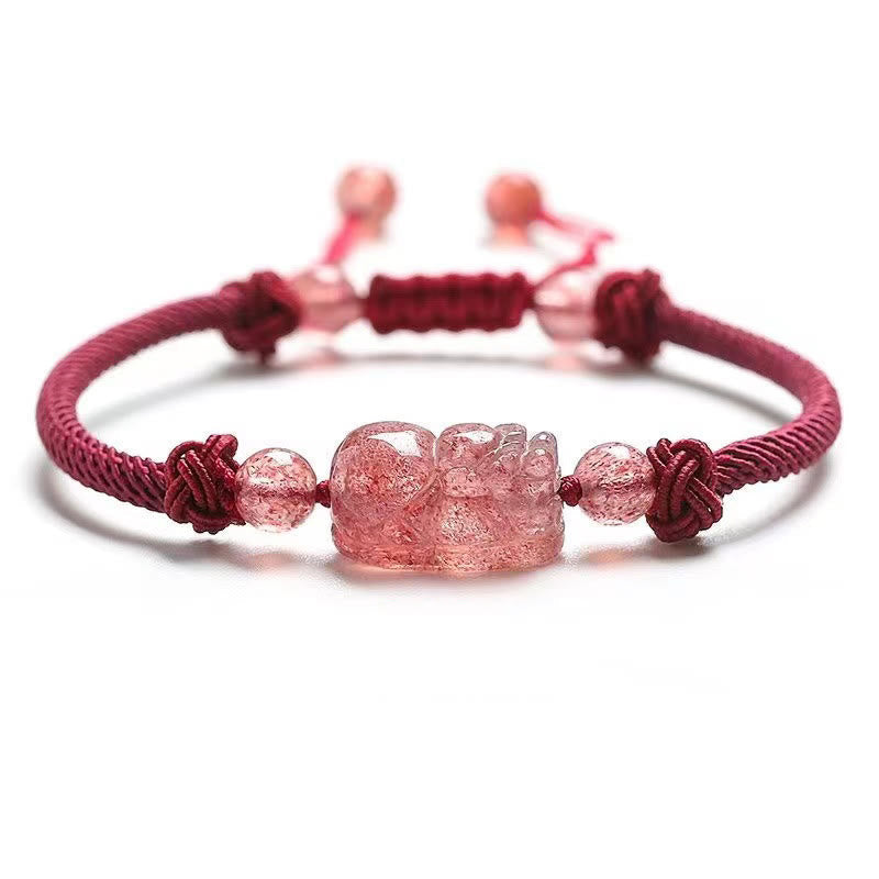 Pulsera trenzada de protección con hilo rojo PiXiu de cuarzo fresa natural de Buddha Stones