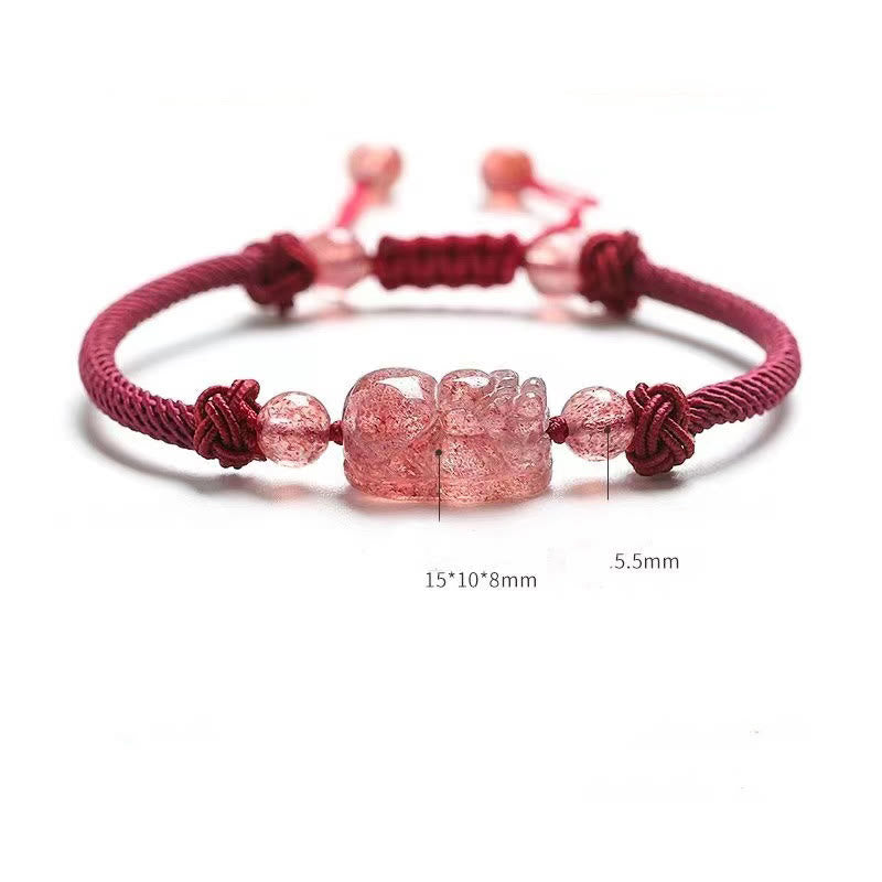 Pulsera trenzada de protección con hilo rojo PiXiu de cuarzo fresa natural de Buddha Stones