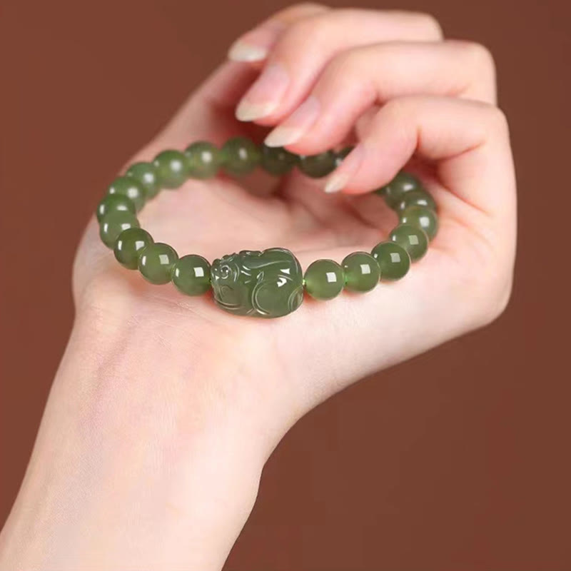 Pulsera de la suerte tallada con Pixiu de jade hetiano natural y piedras de Buda