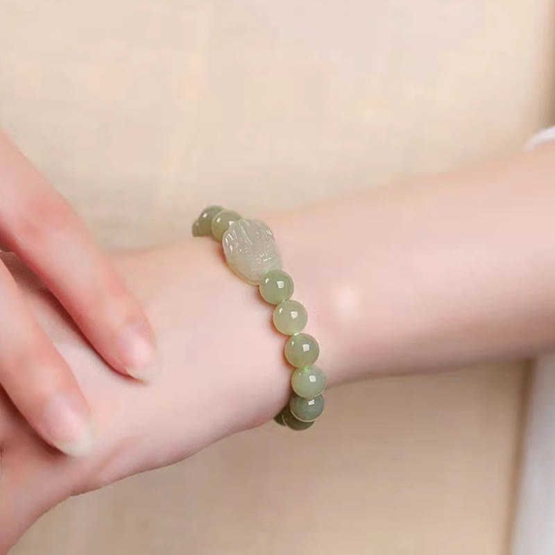 Pulsera de la suerte tallada con Pixiu de jade hetiano natural y piedras de Buda