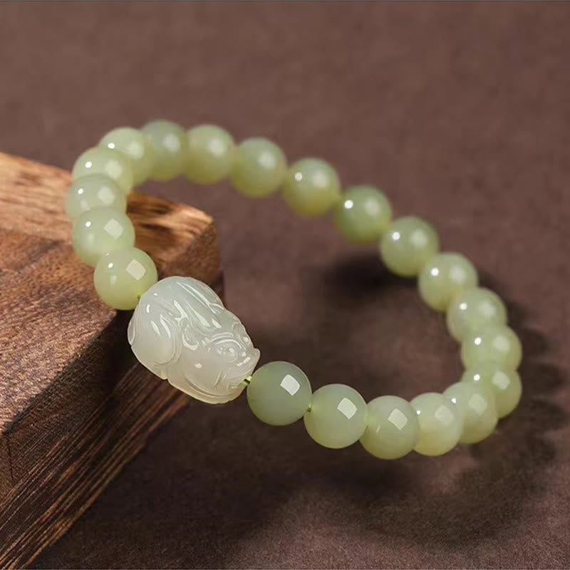 Pulsera de la suerte tallada con Pixiu de jade hetiano natural y piedras de Buda
