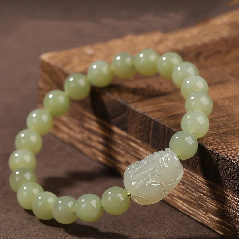 Pulsera de la suerte tallada con Pixiu de jade hetiano natural y piedras de Buda
