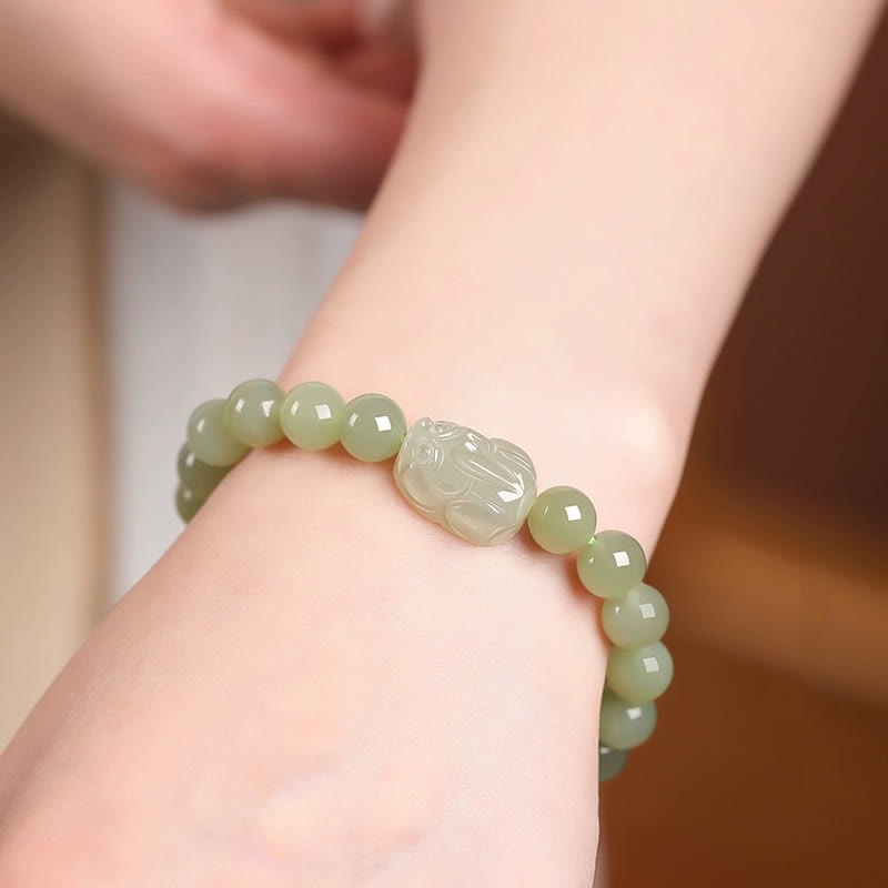 Pulsera de la suerte tallada con Pixiu de jade hetiano natural y piedras de Buda