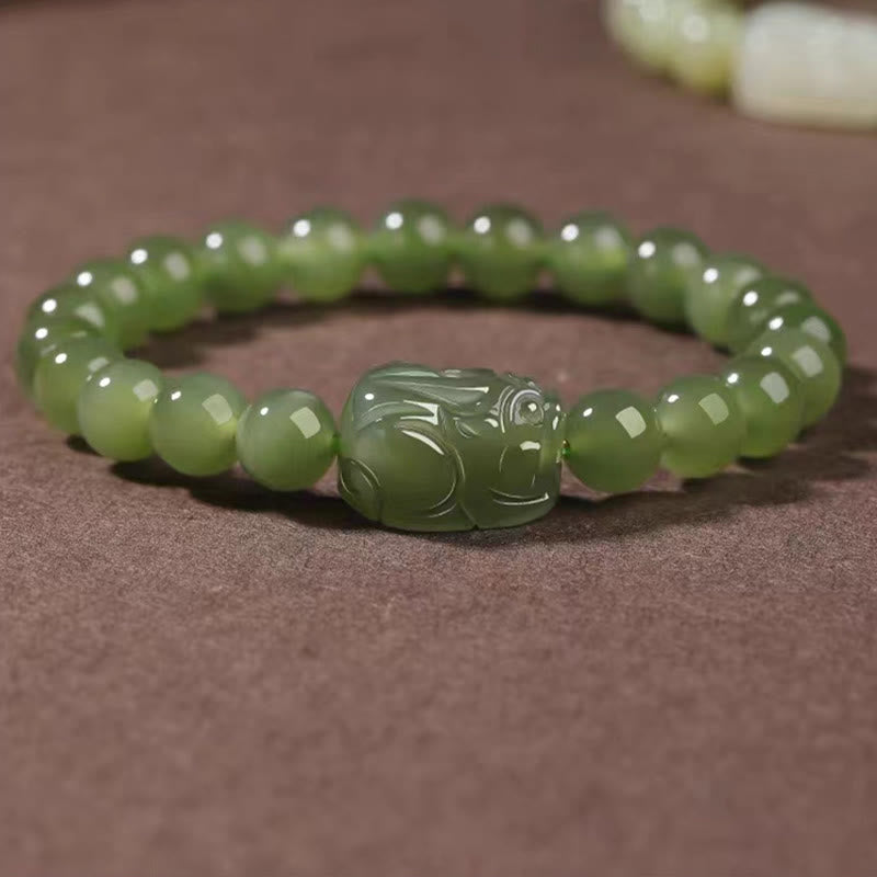 Pulsera de la suerte tallada con Pixiu de jade hetiano natural y piedras de Buda