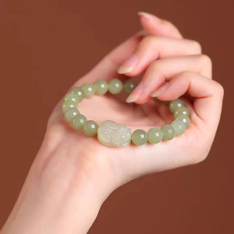 Pulsera de la suerte tallada con Pixiu de jade hetiano natural y piedras de Buda
