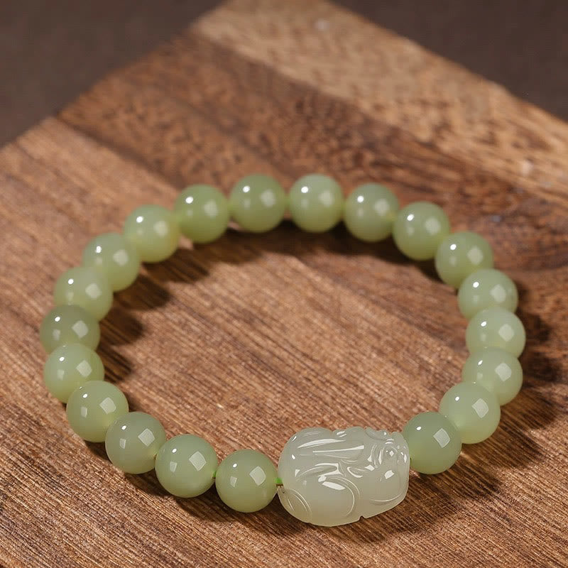 Pulsera de la suerte tallada con Pixiu de jade hetiano natural y piedras de Buda