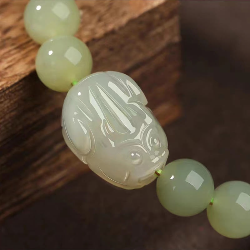 Pulsera de la suerte tallada con Pixiu de jade hetiano natural y piedras de Buda