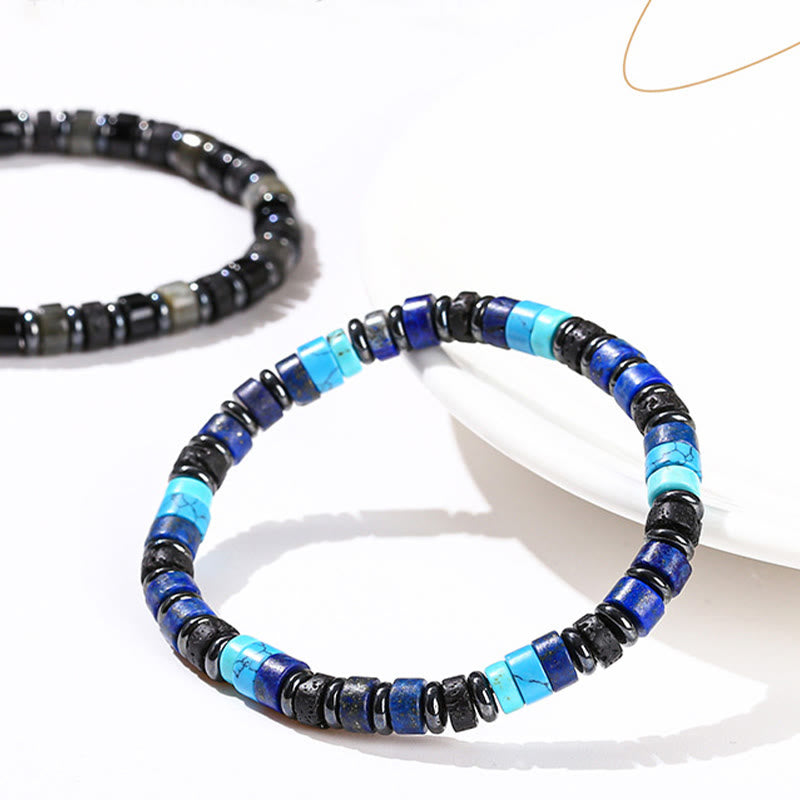 Pulsera de soporte con piedras de Buda, hematita, turquesa, lazurita, roca de lava, piedra negra brillante