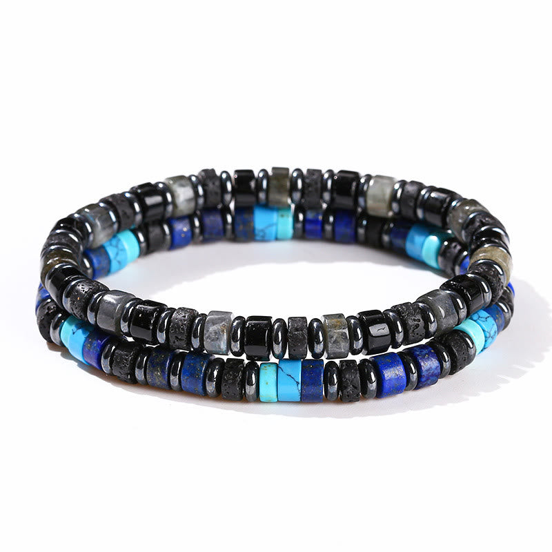 Pulsera de soporte con piedras de Buda, hematita, turquesa, lazurita, roca de lava, piedra negra brillante