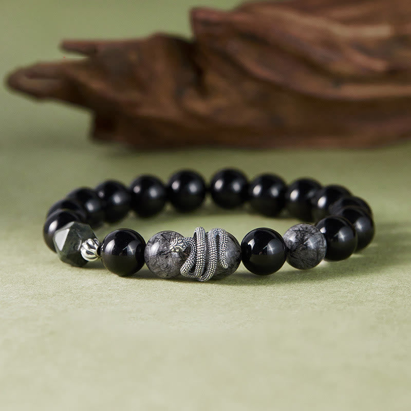 Pulsera de purificación del Año de la Serpiente en plata de ley 925 con obsidiana negra y cuarzo rutilado negro y piedras de Buda