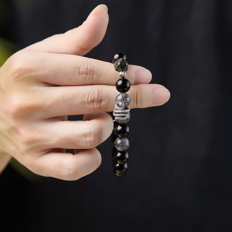 Pulsera de purificación del Año de la Serpiente en plata de ley 925 con obsidiana negra y cuarzo rutilado negro y piedras de Buda