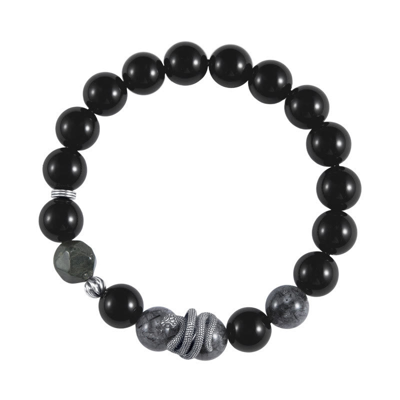 Pulsera de purificación del Año de la Serpiente en plata de ley 925 con obsidiana negra y cuarzo rutilado negro y piedras de Buda