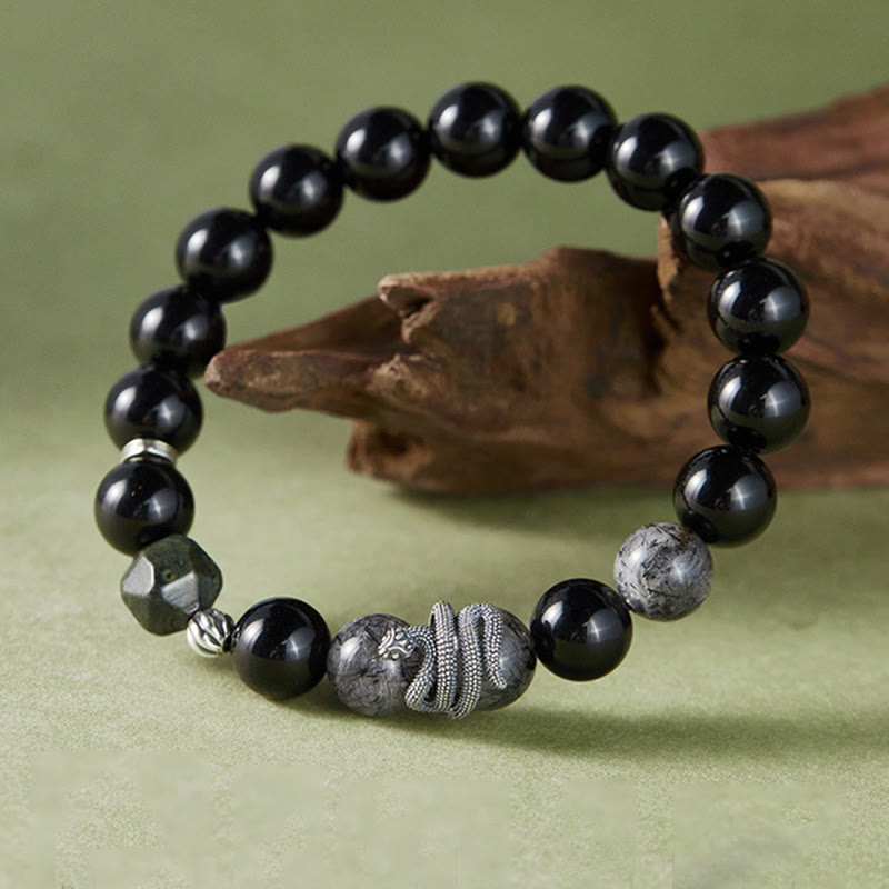 Pulsera de purificación del Año de la Serpiente en plata de ley 925 con obsidiana negra y cuarzo rutilado negro y piedras de Buda
