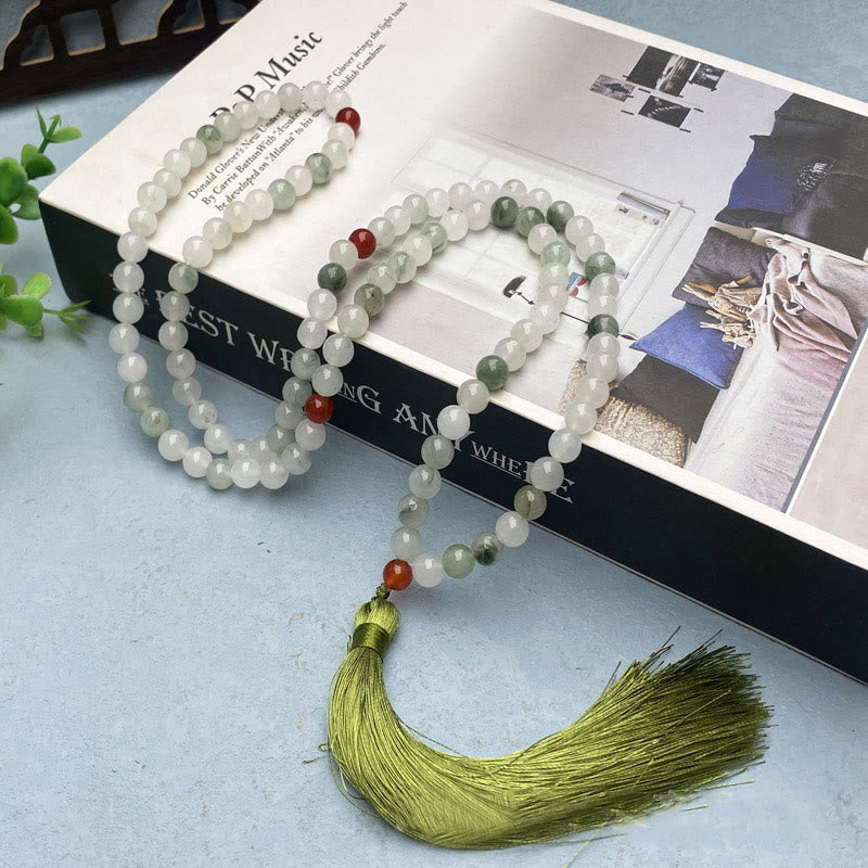 Pulsera de la suerte con borlas de jade Tianshan natural y 108 cuentas de mala de Buda