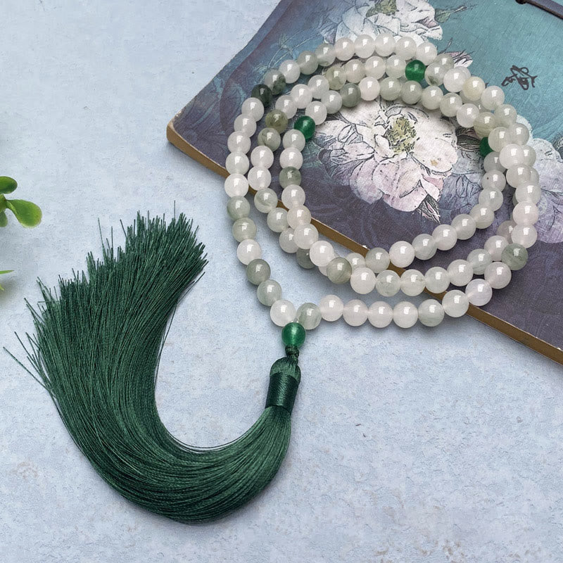 Pulsera de la suerte con borlas de jade Tianshan natural y 108 cuentas de mala de Buda