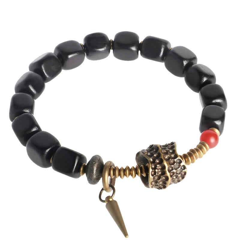 Pulsera de la paz con piedras de Buda, madera de ébano, cobre, latón y ágata roja