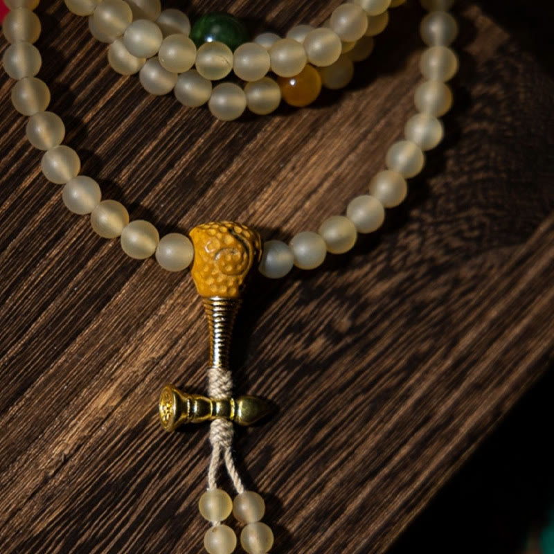 Pulsera de la riqueza con 108 cuentas de Buda tibetanas, con diseño del zodíaco chino, de cuerno de oveja natural y piedras de Buda.