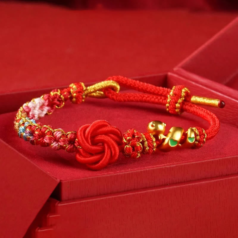 Pulsera trenzada con nudo de mandala de hilo rojo y piedras de Buda, tejida a mano con flores de colores, protección del Año de la Serpiente