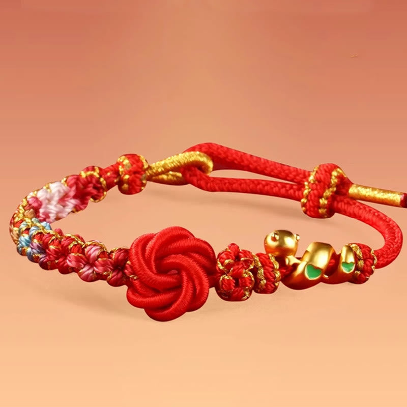 Pulsera trenzada con nudo de mandala de hilo rojo y piedras de Buda, tejida a mano con flores de colores, protección del Año de la Serpiente