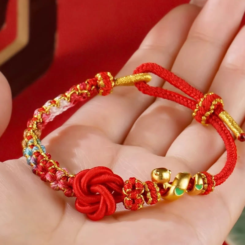 Pulsera trenzada con nudo de mandala de hilo rojo y piedras de Buda, tejida a mano con flores de colores, protección del Año de la Serpiente