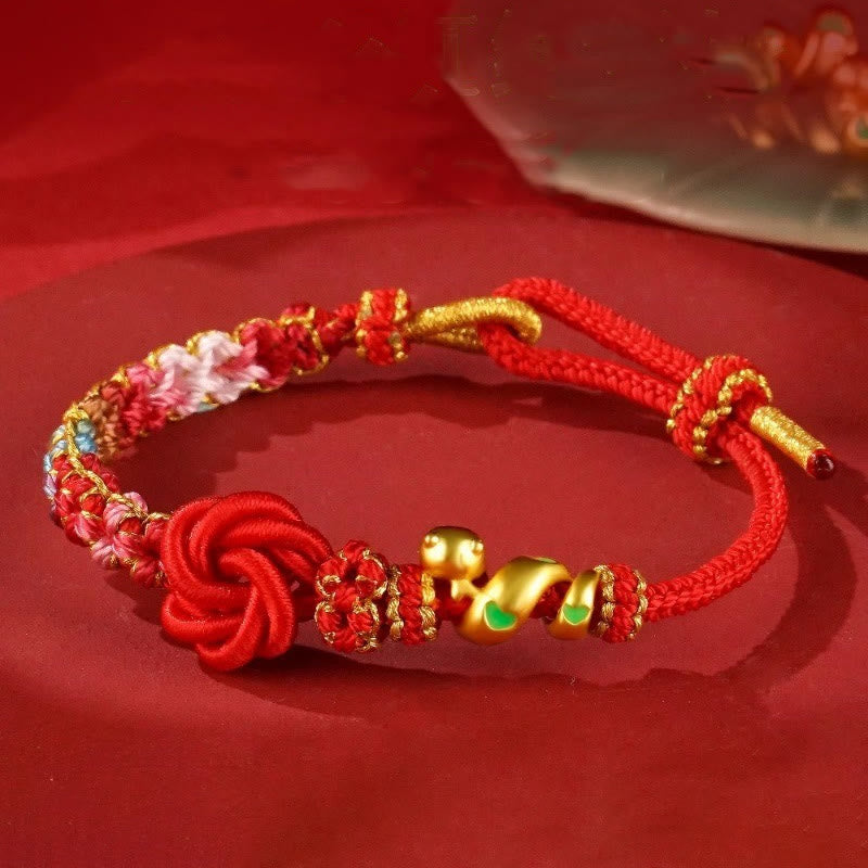 Pulsera trenzada con nudo de mandala de hilo rojo y piedras de Buda, tejida a mano con flores de colores, protección del Año de la Serpiente