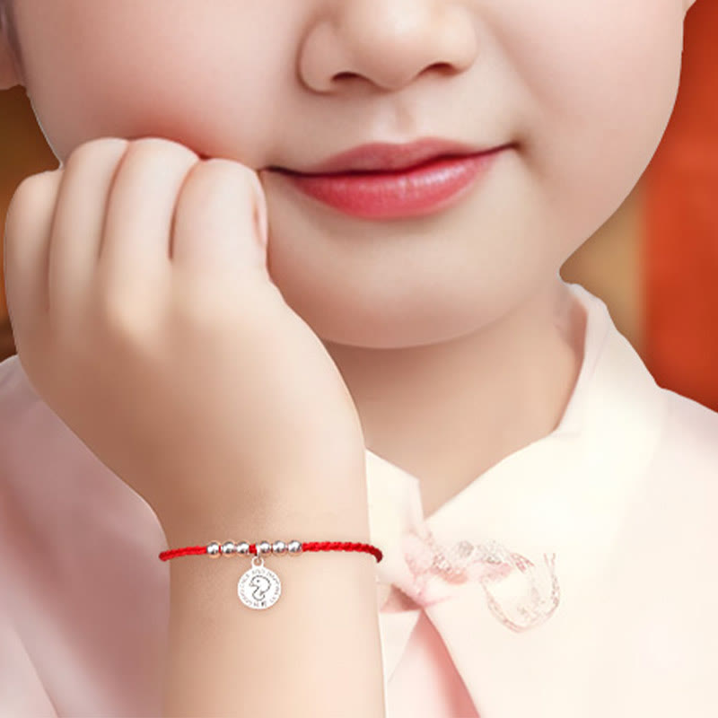 Pulsera protectora de plata de ley 999 con piedras de Buda y zodíaco chino para niños, hilo rojo