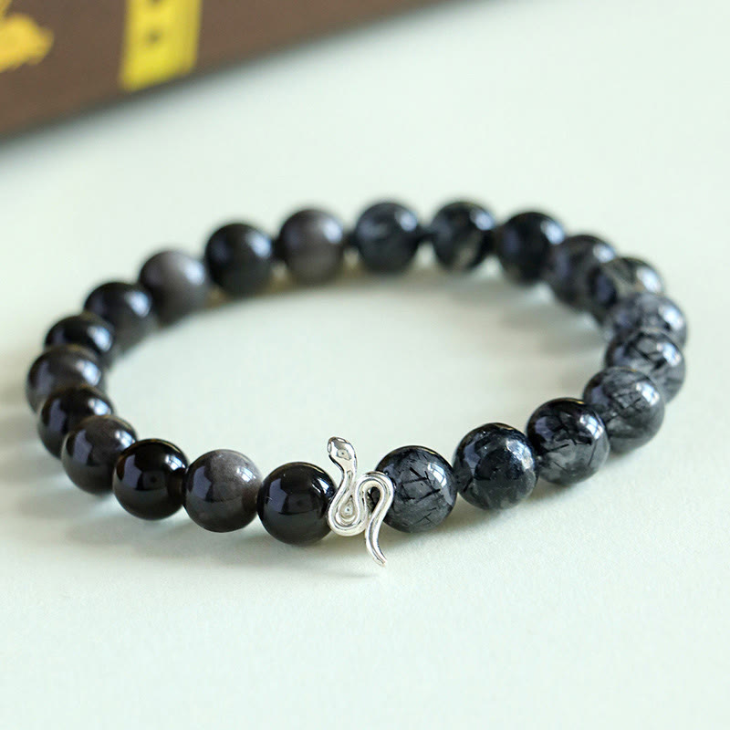 Pulsera con piedras de Buda, piedra solar natural, cristal Super Seven, obsidiana con brillo plateado, cuarzo rutilado, plata de ley 925, año de la serpiente.