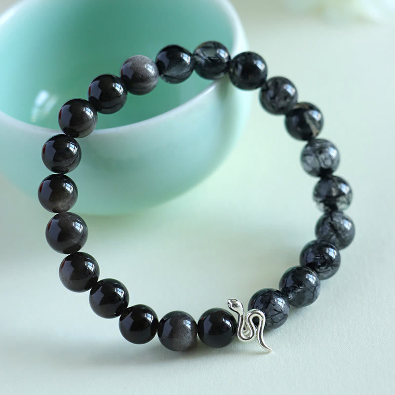 Pulsera con piedras de Buda, piedra solar natural, cristal Super Seven, obsidiana con brillo plateado, cuarzo rutilado, plata de ley 925, año de la serpiente.