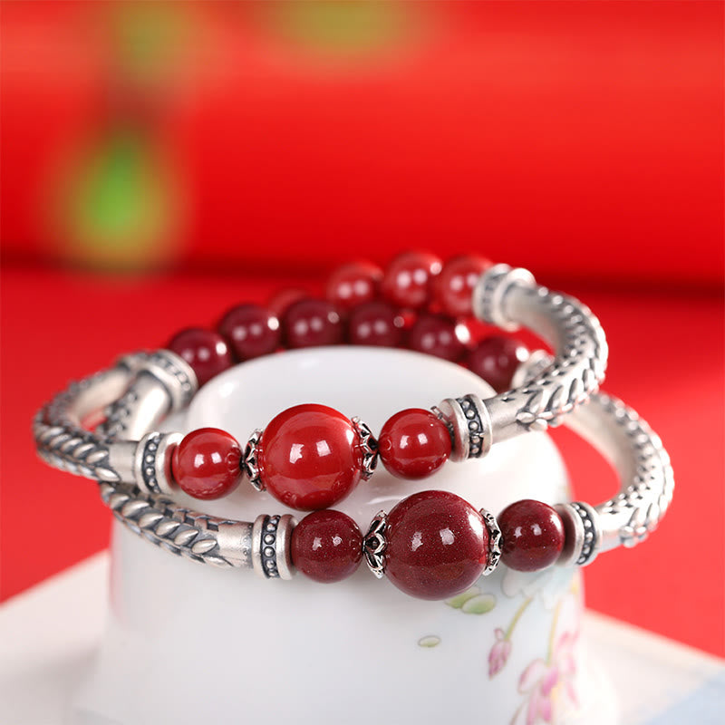 Pulsera con piedras de Buda, plata de ley 999, con cinabrio y espigas de trigo bendecidas