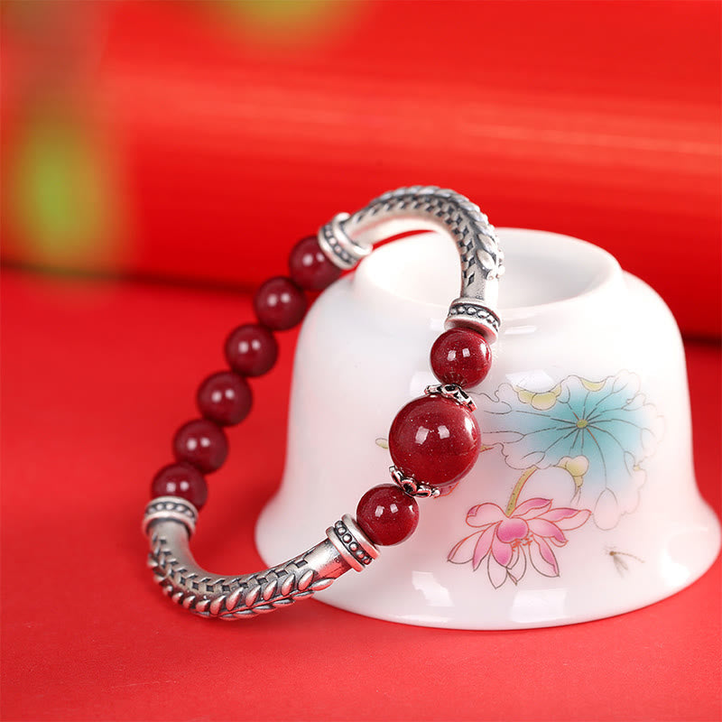 Pulsera con piedras de Buda, plata de ley 999, con cinabrio y espigas de trigo bendecidas
