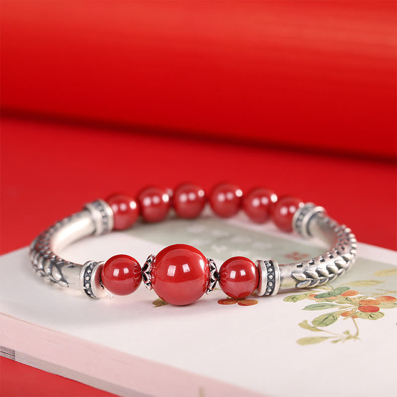 Pulsera con piedras de Buda, plata de ley 999, con cinabrio y espigas de trigo bendecidas