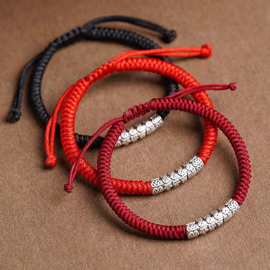 Buddha Stones Handmade 999 Sterling Silver Peace and Good Fortune Om Mani Padme Hum Luck Rope Bracelet