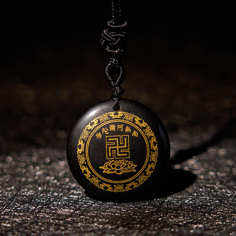 Collar con colgante de obsidiana negra con cristales naturales y varios diseños de loto y esvástica de Buda.