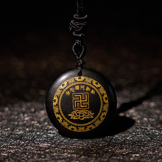 Collar con colgante de obsidiana negra con cristales naturales y varios diseños de loto y esvástica de Buda.