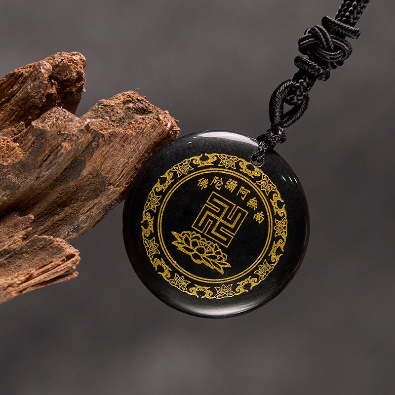 Collar con colgante de obsidiana negra con cristales naturales y varios diseños de loto y esvástica de Buda.