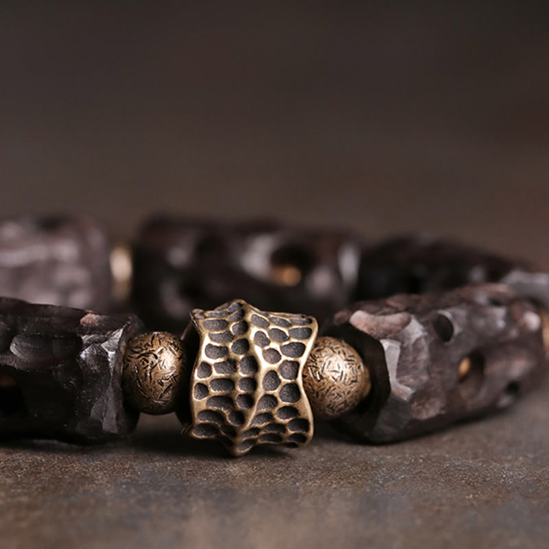 Pulsera de piedra de Buda, madera de ébano, cobre y latón para calmar
