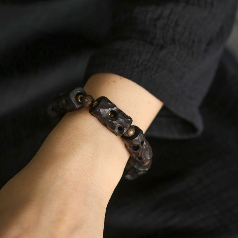 Pulsera de piedra de Buda, madera de ébano, cobre y latón para calmar