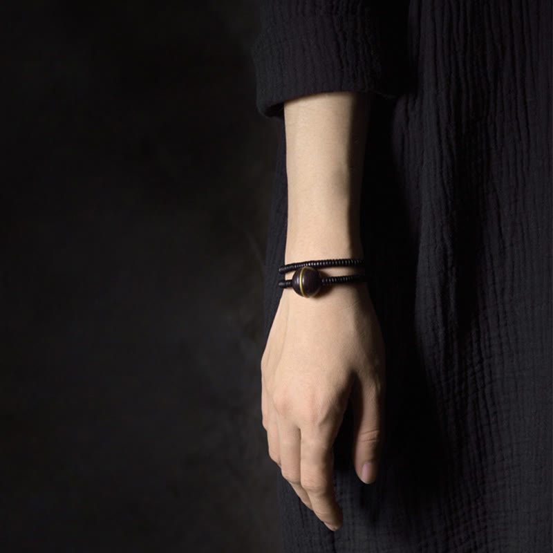 Pulsera y collar de doble vuelta con esfera de equilibrio de latón, cobre y madera de ébano y piedras de Buda