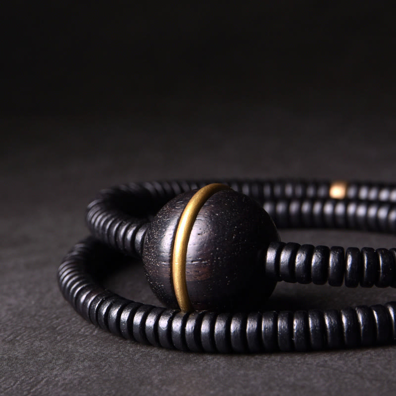Pulsera y collar de doble vuelta con esfera de equilibrio de latón, cobre y madera de ébano y piedras de Buda
