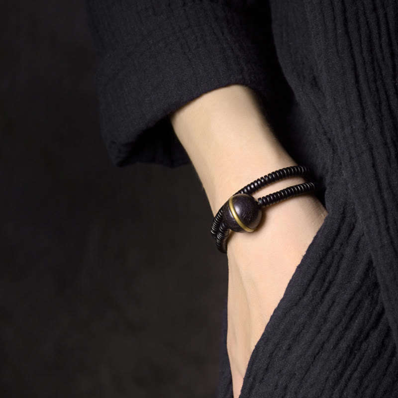 Pulsera y collar de doble vuelta con esfera de equilibrio de latón, cobre y madera de ébano y piedras de Buda