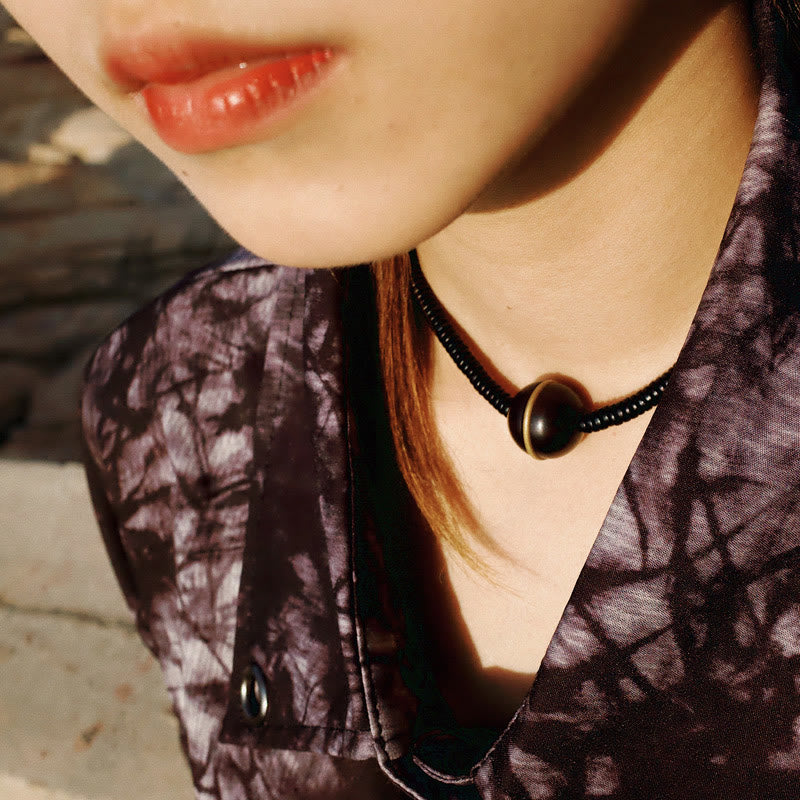 Pulsera y collar de doble vuelta con esfera de equilibrio de latón, cobre y madera de ébano y piedras de Buda