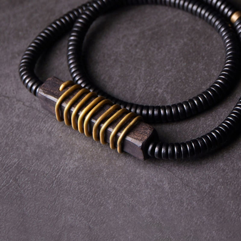Pulsera y collar de doble vuelta con esfera de equilibrio de latón, cobre y madera de ébano y piedras de Buda
