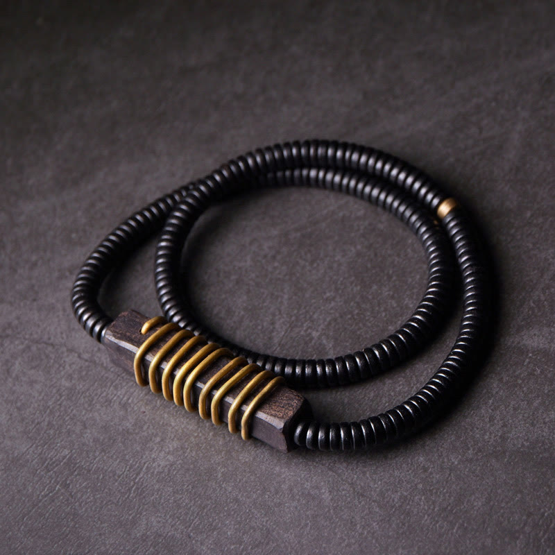 Pulsera y collar de doble vuelta con esfera de equilibrio de latón, cobre y madera de ébano y piedras de Buda