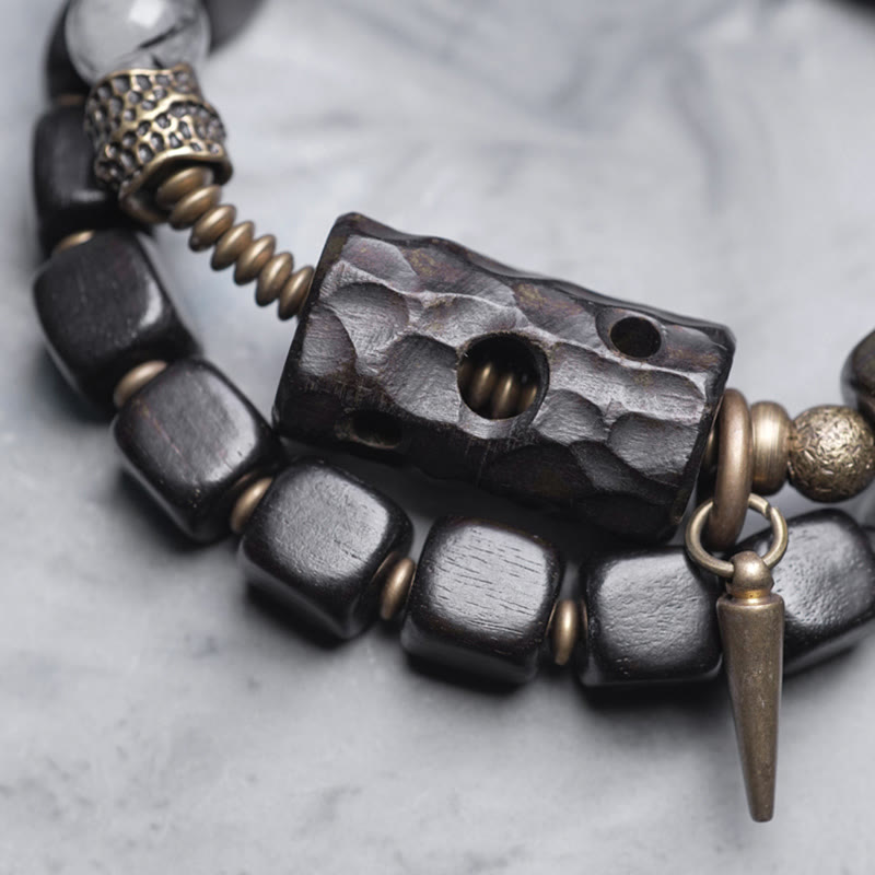 Pulsera de equilibrio de doble vuelta con piedras de Buda, madera de ébano, cuarzo rutilado negro, cobre y latón