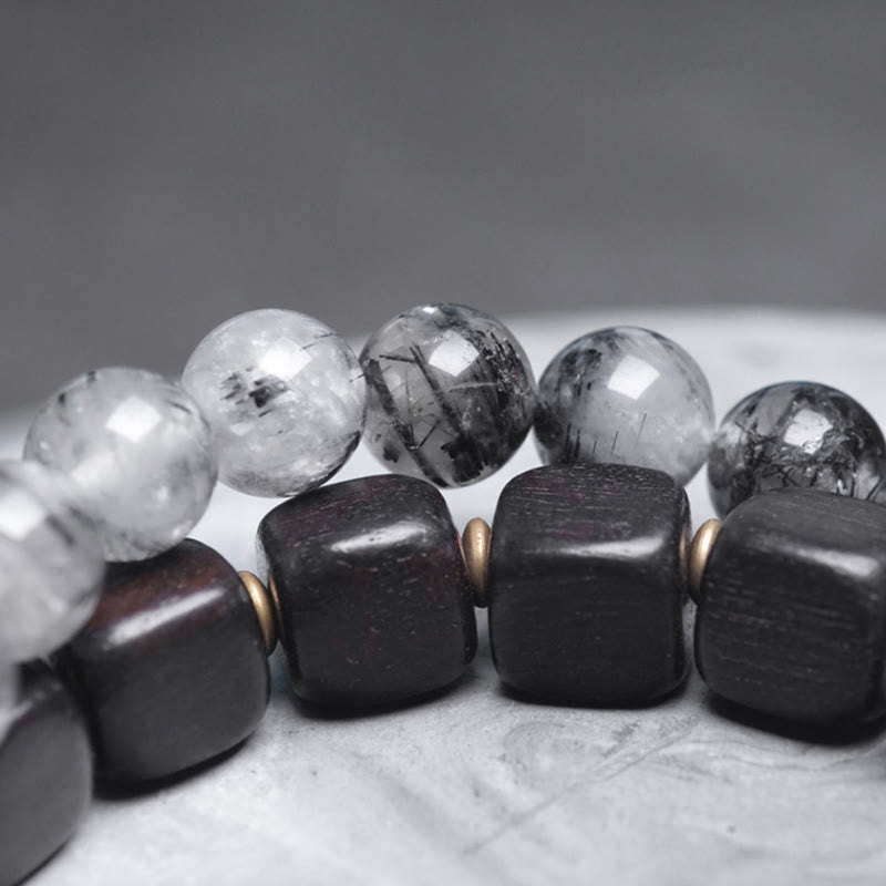 Pulsera de equilibrio de doble vuelta con piedras de Buda, madera de ébano, cuarzo rutilado negro, cobre y latón