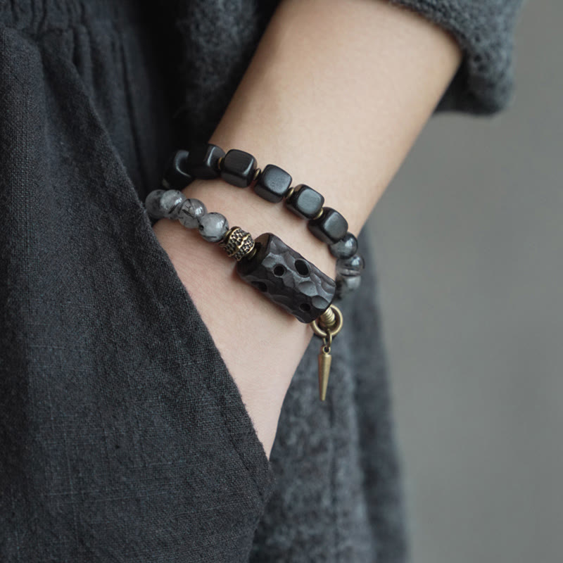 Pulsera de equilibrio de doble vuelta con piedras de Buda, madera de ébano, cuarzo rutilado negro, cobre y latón