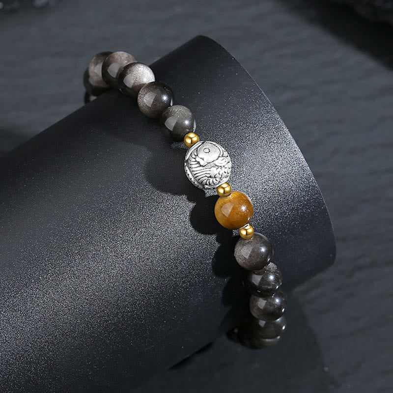 Pulsera purificadora de pez koi con obsidiana negra y ojo de tigre en plata de ley 925.
