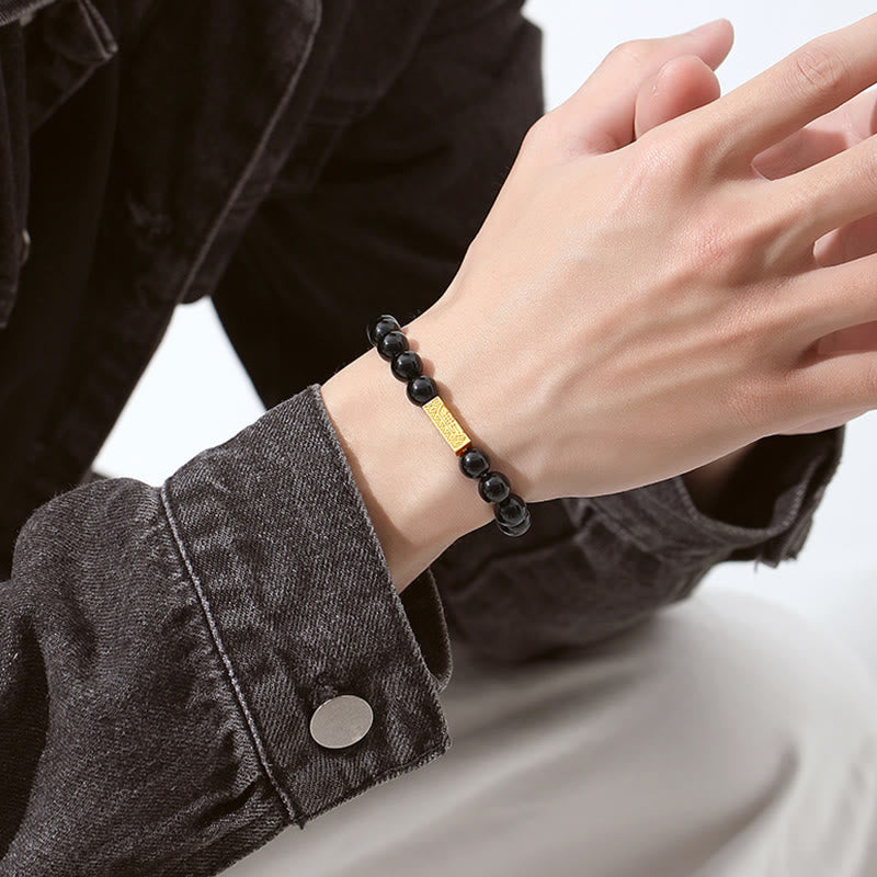 Pulsera de plata de ley 925 con obsidiana negra y cubo de fuerza con símbolo Fu de Buda