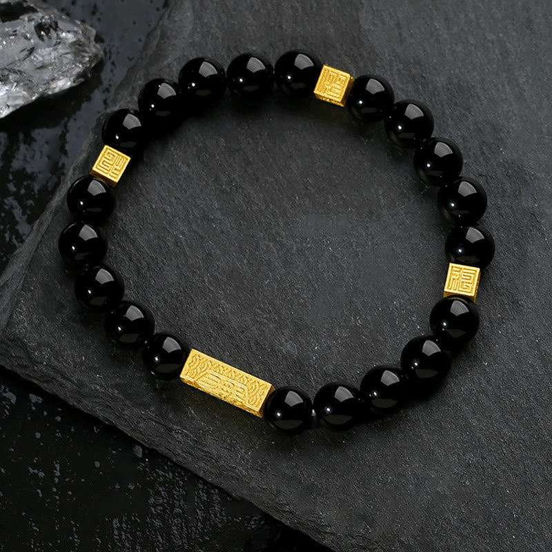 Pulsera de plata de ley 925 con obsidiana negra y cubo de fuerza con símbolo Fu de Buda