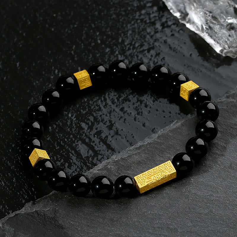 Pulsera de plata de ley 925 con obsidiana negra y cubo de fuerza con símbolo Fu de Buda